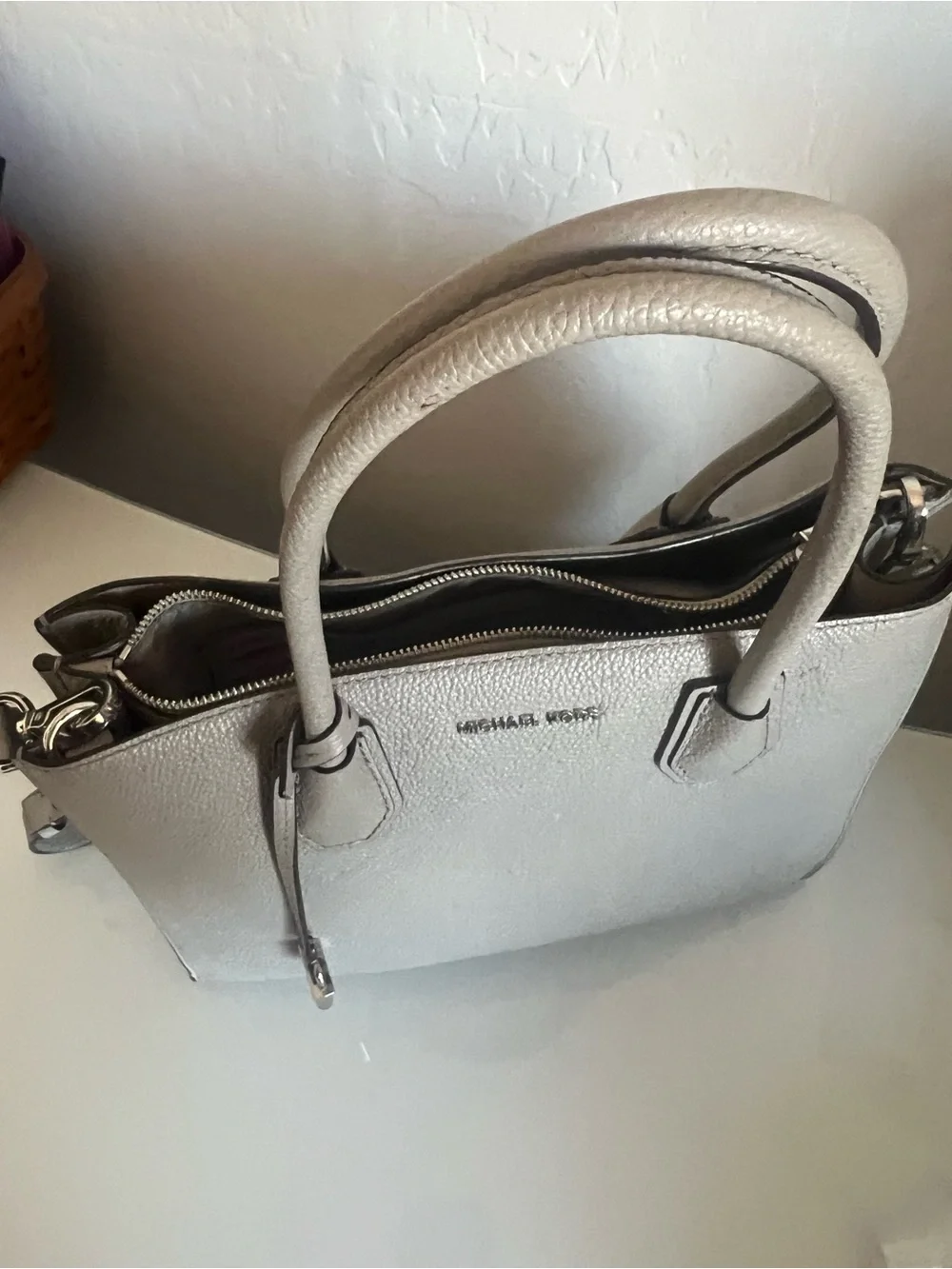 Michael Kors Metallic Silver Pebbled Leather Satchel